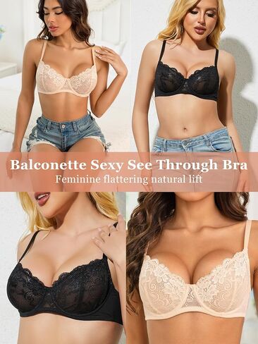 Women's Balconette Lace Bra Sexy Unlined Sheer Bras Demi See Through Underwire Lift Bralette in Saudi Arabia