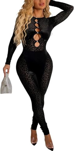 Uni Clau Women Sexy Mesh Patchwork Jumpsuit One Piece Hollow Out Outfits Long Sleeve Velvet Leopard Club Bodycon Jumpsuit in Saudi Arabia