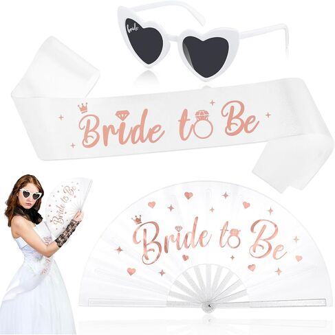 JaGely 3 Pcs Bachelorette Party Accessories Includes Rose Gold Bride Fan Bride to Be Sash and Heart Shaped Sunglasses for Bridal Shower Bachelorette Party Decorations Favors in Saudi Arabia
