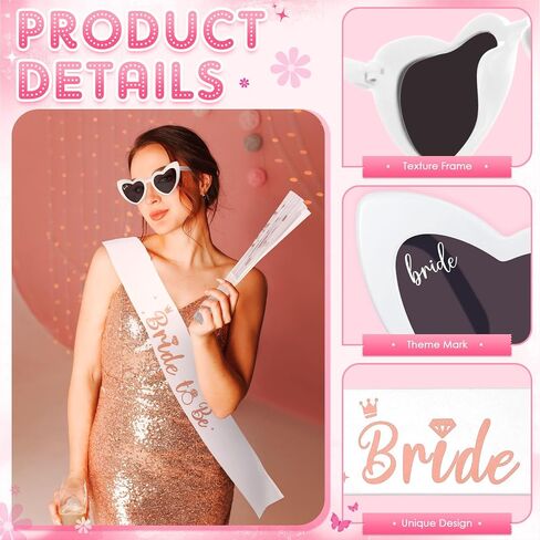 JaGely 3 Pcs Bachelorette Party Accessories Includes Rose Gold Bride Fan Bride to Be Sash and Heart Shaped Sunglasses for Bridal Shower Bachelorette Party Decorations Favors in Saudi Arabia
