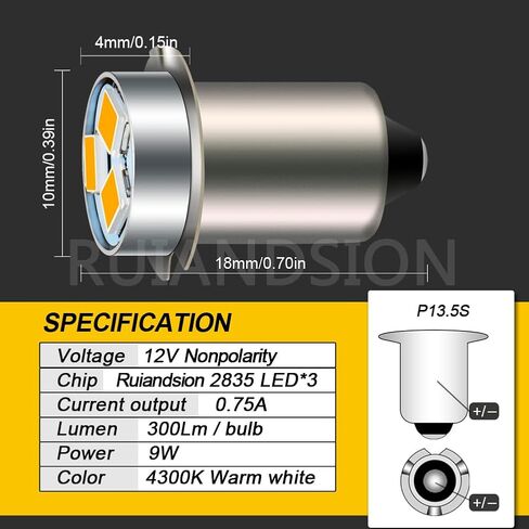 Ruiandsion 2pcs P13.5S LED Bulb 3V White 2835 3SMD Chips LED Bulb Upgrade for Flashlights Torch Light,Non-Polarity in Kuwait