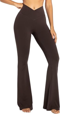 Sunzel Flare Leggings، بنطال يوجا متقاطع مع تحكم في البطن، خصر عالٍ وساق واسعة، بدون درزات أمامية، بني جافا X-Small، درزة داخلية 32 بوصة in Saudi Arabia