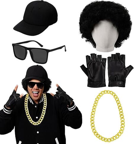 Mepase Halloween West Coast 80s Rapper Costume Accessories Include Cap Afro Wig Sunglasses Gold Necklace Gloves for Gangsta Rap 90s Hip Hop Cosplay Men Women Outfit in Saudi Arabia
