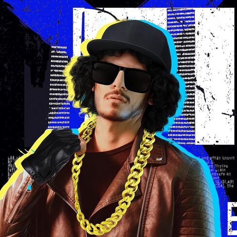Mepase Halloween West Coast 80s Rapper Costume Accessories Include Cap Afro Wig Sunglasses Gold Necklace Gloves for Gangsta Rap 90s Hip Hop Cosplay Men Women Outfit in Saudi Arabia