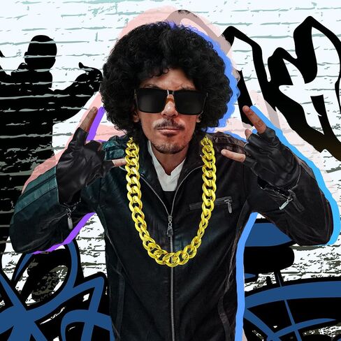Mepase Halloween West Coast 80s Rapper Costume Accessories Include Cap Afro Wig Sunglasses Gold Necklace Gloves for Gangsta Rap 90s Hip Hop Cosplay Men Women Outfit in Saudi Arabia