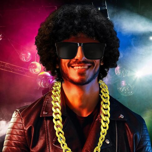 Mepase Halloween West Coast 80s Rapper Costume Accessories Include Cap Afro Wig Sunglasses Gold Necklace Gloves for Gangsta Rap 90s Hip Hop Cosplay Men Women Outfit in Saudi Arabia