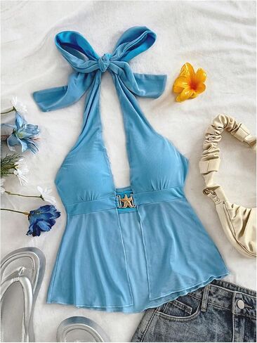 Milumia Women's Starfish Decor Backless Halter Top Tie Backless Sleeveless Split Hem Tank Tops in Saudi Arabia