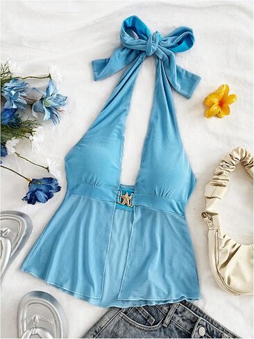 Milumia Women's Starfish Decor Backless Halter Top Tie Backless Sleeveless Split Hem Tank Tops in Saudi Arabia