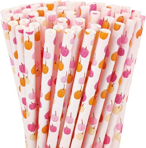 Whaline 200Pcs Fall Paper Straws Watercolor Pumpkin Disposable Straws Orange White Pumpkin Drinking Straws Autumn Decorative Straws for Fall Harvest Thanksgiving Party Beverages Cocktail Supplies in Saudi Arabia