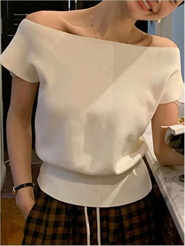 WDIRARA Women's Off The Shoulder Tops Casual Short Sleeve Tunic T Shirts Lightweight Knit Sweaters in Saudi Arabia