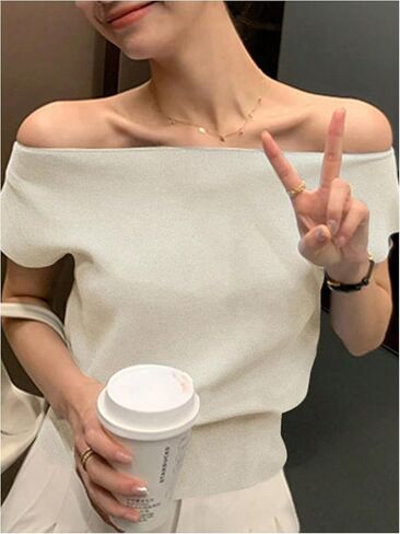 WDIRARA Women's Off The Shoulder Tops Casual Short Sleeve Tunic T Shirts Lightweight Knit Sweaters in Saudi Arabia