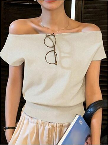 WDIRARA Women's Off The Shoulder Tops Casual Short Sleeve Tunic T Shirts Lightweight Knit Sweaters in Saudi Arabia