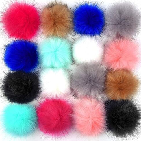 Coopay 16 Pieces Faux Fox Fur Pom Pom Balls DIY Fur Fluffy Ball with Elastic Loop for Hats Keychains Scarves Gloves Bags Charms Knitting Accessories (Popular Mix Colors) in Kuwait