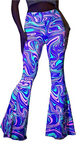 GORGLITTER Women's Neon Flare Pants Bell Bottom Reflective Rave Pants High Waisted Y2k Trousers in Saudi Arabia