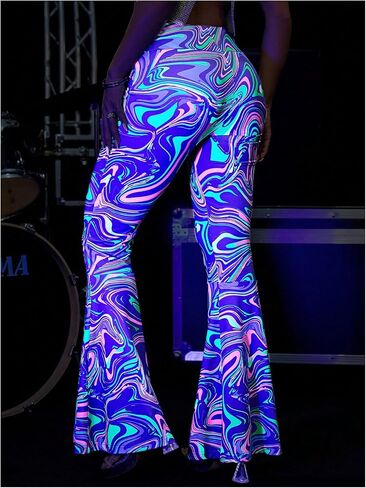 GORGLITTER Women's Neon Flare Pants Bell Bottom Reflective Rave Pants High Waisted Y2k Trousers in Saudi Arabia