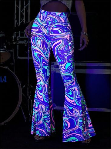 GORGLITTER Women's Neon Flare Pants Bell Bottom Reflective Rave Pants High Waisted Y2k Trousers in Saudi Arabia