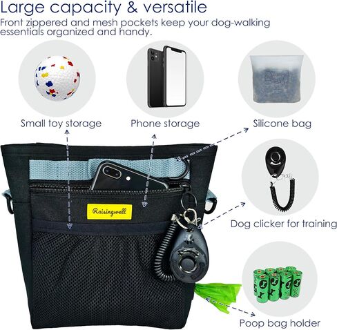 Dog Treat Pouch with Silicone Snack Bag，2Cup Silicone Treat Pouch Training Clicker,Stronger Magnetic Closure Dog Treat Fanny Pack for Training （Black） in Kuwait
