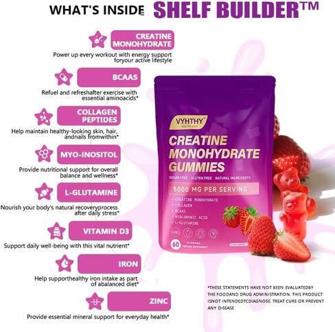 Creatine Monohydrate Gummies Complex for Men & Women Advanced Formula, L-Taurine + Vitamin B12 for Muscle Strength, Muscle Builder, Energy Boost, Pre-Workout Supplement-Strawberry (60 Gummies) in Kuwait