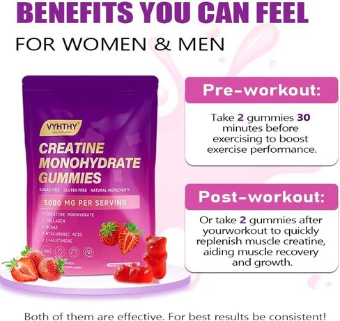 Creatine Monohydrate Gummies Complex for Men & Women Advanced Formula, L-Taurine + Vitamin B12 for Muscle Strength, Muscle Builder, Energy Boost, Pre-Workout Supplement-Strawberry (60 Gummies) in Kuwait