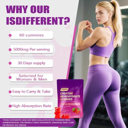 Creatine Monohydrate Gummies Complex for Men & Women Advanced Formula, L-Taurine + Vitamin B12 for Muscle Strength, Muscle Builder, Energy Boost, Pre-Workout Supplement-Strawberry (60 Gummies) in Kuwait