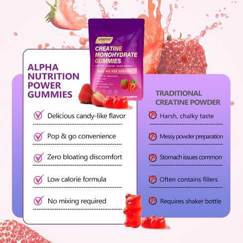 Creatine Monohydrate Gummies Complex for Men & Women Advanced Formula, L-Taurine + Vitamin B12 for Muscle Strength, Muscle Builder, Energy Boost, Pre-Workout Supplement-Strawberry (60 Gummies) in Kuwait