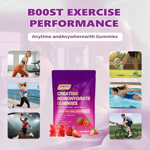 Creatine Monohydrate Gummies Complex for Men & Women Advanced Formula, L-Taurine + Vitamin B12 for Muscle Strength, Muscle Builder, Energy Boost, Pre-Workout Supplement-Strawberry (60 Gummies) in Kuwait