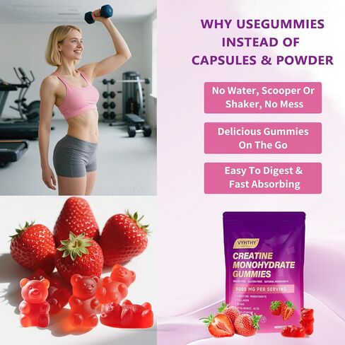 Creatine Monohydrate Gummies Complex for Men & Women Advanced Formula, L-Taurine + Vitamin B12 for Muscle Strength, Muscle Builder, Energy Boost, Pre-Workout Supplement-Strawberry (60 Gummies) in Kuwait