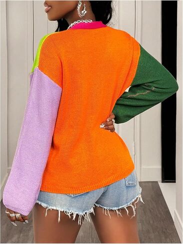 OYOANGLE Women's Color Block Button Open Front V Neck Knit Cardigan Sweater Pockets Long Sleeve Sweater in Saudi Arabia