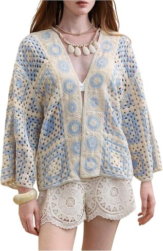 OYOANGLE Women's Color Block Wrap V Neck Crochet Cardigan Boho Hollow Out Knit Kimono Outerwear in Saudi Arabia