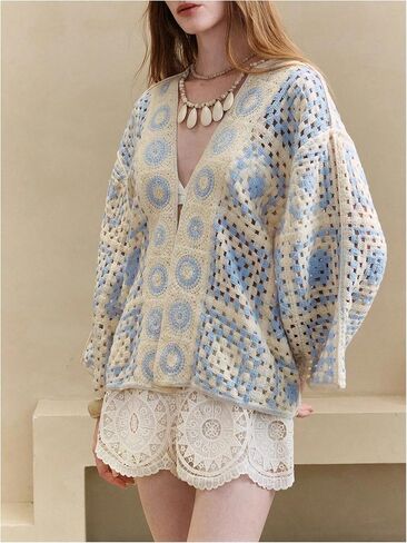 OYOANGLE Women's Color Block Wrap V Neck Crochet Cardigan Boho Hollow Out Knit Kimono Outerwear in Saudi Arabia