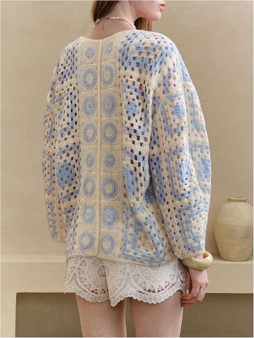 OYOANGLE Women's Color Block Wrap V Neck Crochet Cardigan Boho Hollow Out Knit Kimono Outerwear in Saudi Arabia