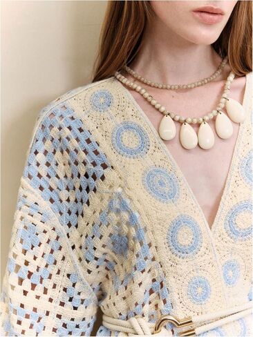 OYOANGLE Women's Color Block Wrap V Neck Crochet Cardigan Boho Hollow Out Knit Kimono Outerwear in Saudi Arabia