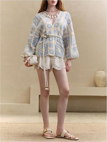 OYOANGLE Women's Color Block Wrap V Neck Crochet Cardigan Boho Hollow Out Knit Kimono Outerwear in Saudi Arabia