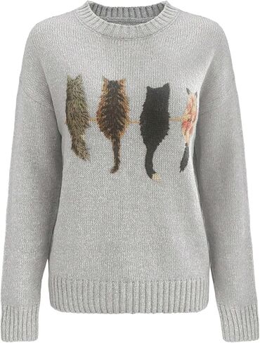 Floerns Women's Graphic Sweater Cat Print Crew Neck Long Sleeve Knitted Casual Fall Pullover Tops in Saudi Arabia