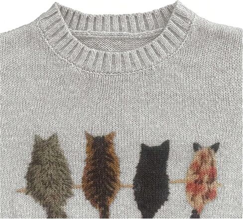Floerns Women's Graphic Sweater Cat Print Crew Neck Long Sleeve Knitted Casual Fall Pullover Tops in Saudi Arabia