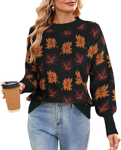 Chvity Women's Fall Leaf Trendy Jacquard Sweater Casual Knitted Soft Cozy Pullover Sweaters in Saudi Arabia