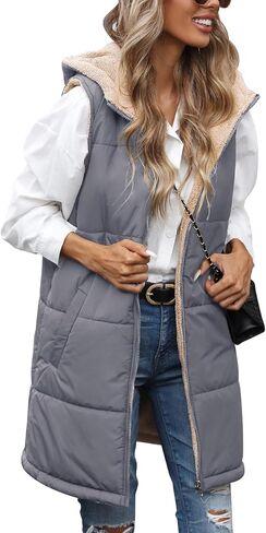 Womens Fall Reversible Vests Sleeveless Fleece Hoodie Jacket Zip Up Winter Warm Hooded Long Coat Outerwear with Pockets in Kuwait
