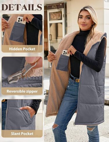 Womens Fall Reversible Vests Sleeveless Fleece Hoodie Jacket Zip Up Winter Warm Hooded Long Coat Outerwear with Pockets in Kuwait