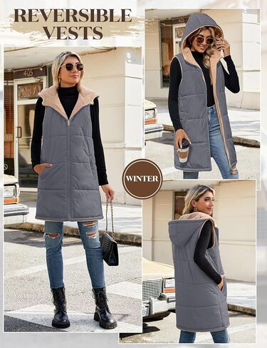 Womens Fall Reversible Vests Sleeveless Fleece Hoodie Jacket Zip Up Winter Warm Hooded Long Coat Outerwear with Pockets in Kuwait