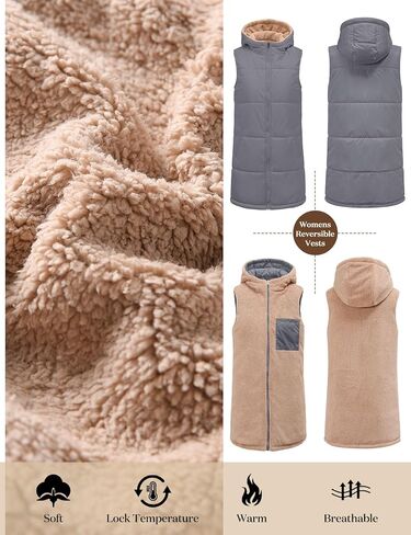 Womens Fall Reversible Vests Sleeveless Fleece Hoodie Jacket Zip Up Winter Warm Hooded Long Coat Outerwear with Pockets in Kuwait