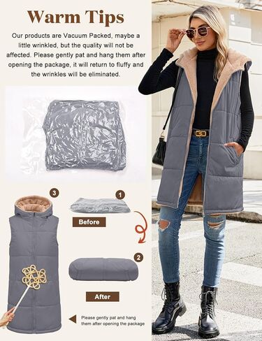 Womens Fall Reversible Vests Sleeveless Fleece Hoodie Jacket Zip Up Winter Warm Hooded Long Coat Outerwear with Pockets in Kuwait