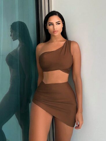 3 Piece Bikini Sets for Women One Shoulder Swimsuits Tummy Control High Waisted with Cover Up Skirt in Saudi Arabia
