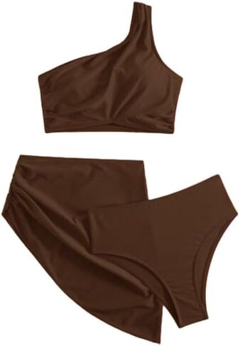 3 Piece Bikini Sets for Women One Shoulder Swimsuits Tummy Control High Waisted with Cover Up Skirt in Saudi Arabia
