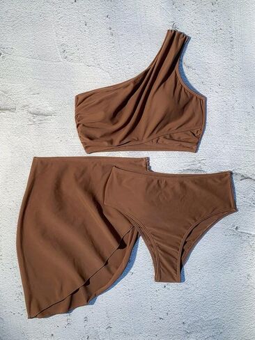 3 Piece Bikini Sets for Women One Shoulder Swimsuits Tummy Control High Waisted with Cover Up Skirt in Saudi Arabia