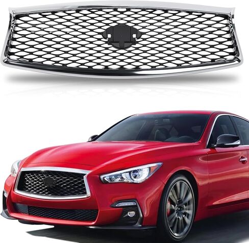 PartsFlow Front Bumper Upper Grill For 2018-2023 Infiniti Q50 Sedan Black With Chrome Trim Grille W/o Camera W/o Sensor Holes IN1200137 in Saudi Arabia