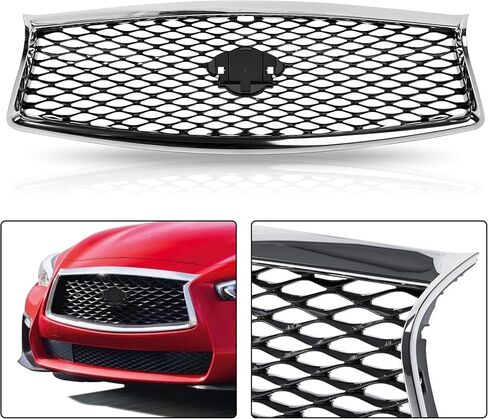PartsFlow Front Bumper Upper Grill For 2018-2023 Infiniti Q50 Sedan Black With Chrome Trim Grille W/o Camera W/o Sensor Holes IN1200137 in Saudi Arabia