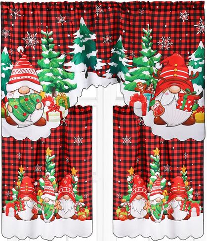 3 Pcs Christmas Kitchen Curtains Window Curtains and Valance Set Snowman Christmas Tree Buffalo Plaid Christmas Curtains Swag for Bedroom Living Room, 60 x 36 Valance, 36 x 30 Tier (Black, Red) in Saudi Arabia