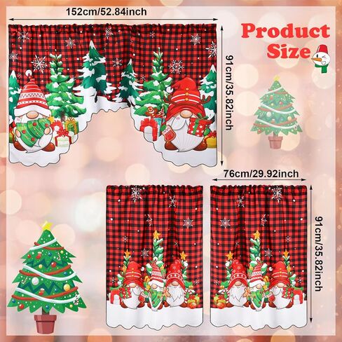 3 Pcs Christmas Kitchen Curtains Window Curtains and Valance Set Snowman Christmas Tree Buffalo Plaid Christmas Curtains Swag for Bedroom Living Room, 60 x 36 Valance, 36 x 30 Tier (Black, Red) in Saudi Arabia