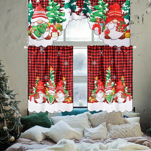 3 Pcs Christmas Kitchen Curtains Window Curtains and Valance Set Snowman Christmas Tree Buffalo Plaid Christmas Curtains Swag for Bedroom Living Room, 60 x 36 Valance, 36 x 30 Tier (Black, Red) in Saudi Arabia