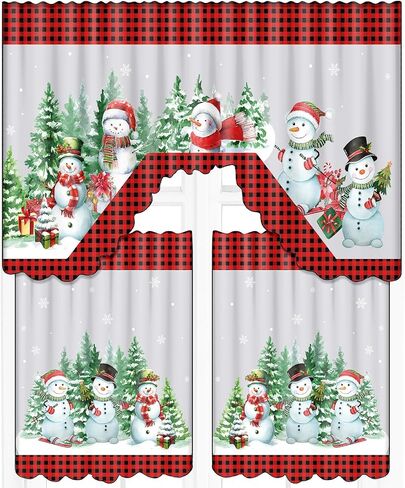 3 Pcs Christmas Kitchen Curtains Window Curtains and Valance Set Snowman Christmas Tree Buffalo Plaid Christmas Curtains Swag for Bedroom Living Room, 60 x 36 Valance, 36 x 30 Tier (Black, Red) in Saudi Arabia